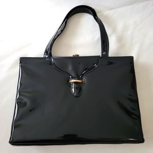 Vintage 1950's-60's Black Patent Crown Lewis Handbag